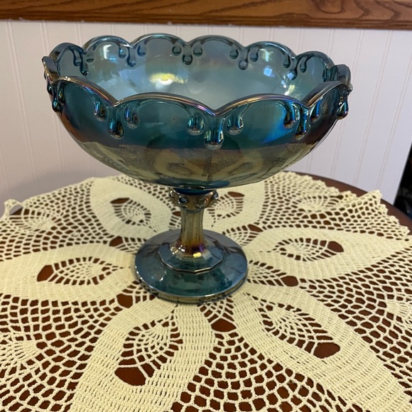 Vintage Indiana Glass Blue Carnival Compote Centerpiece Bowl & Glass Fruit - Picture 5 of 12